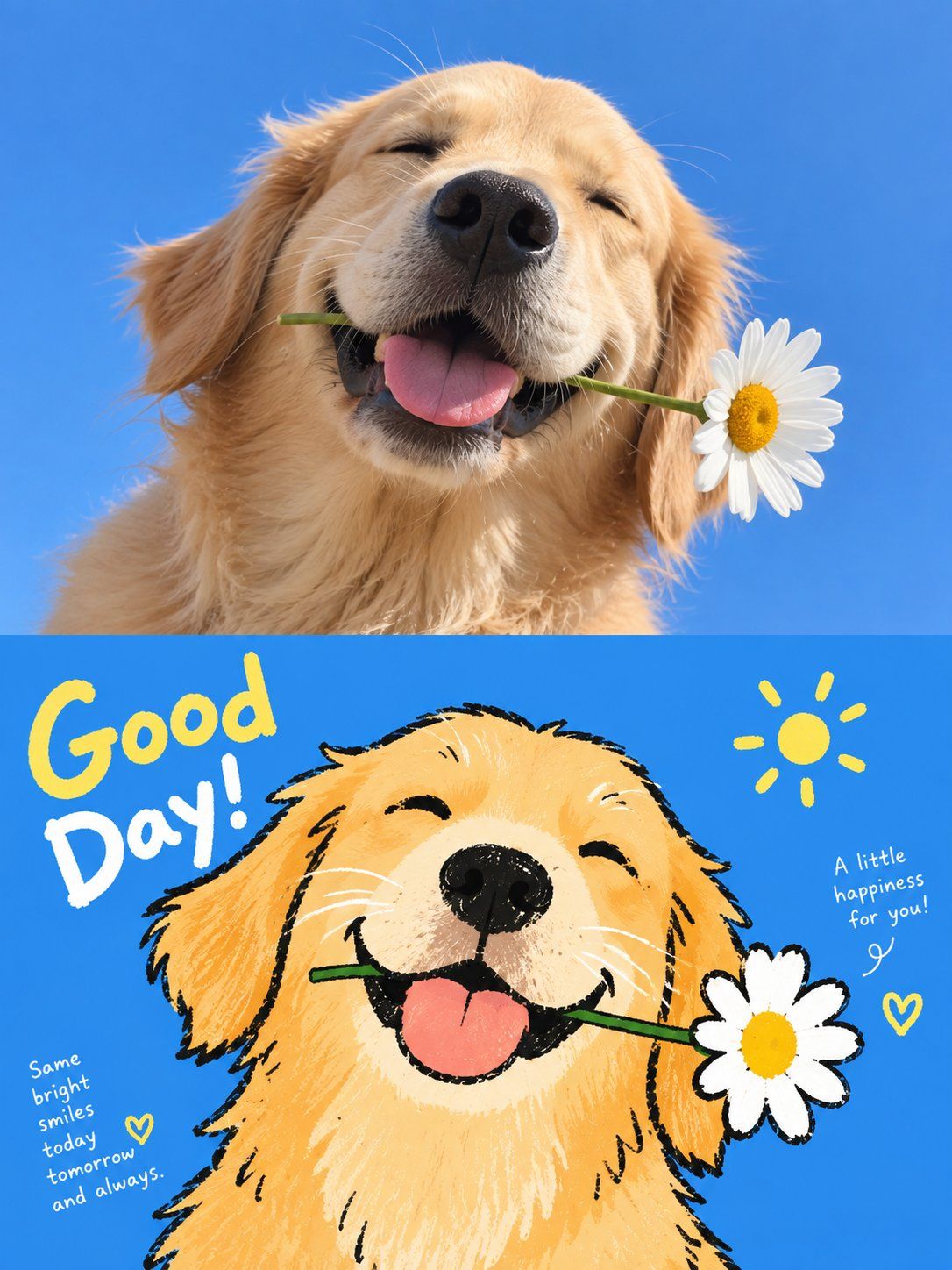 Golden retriever holding a daisy, paired with a bright blue crayon-style illustration titled Good Day