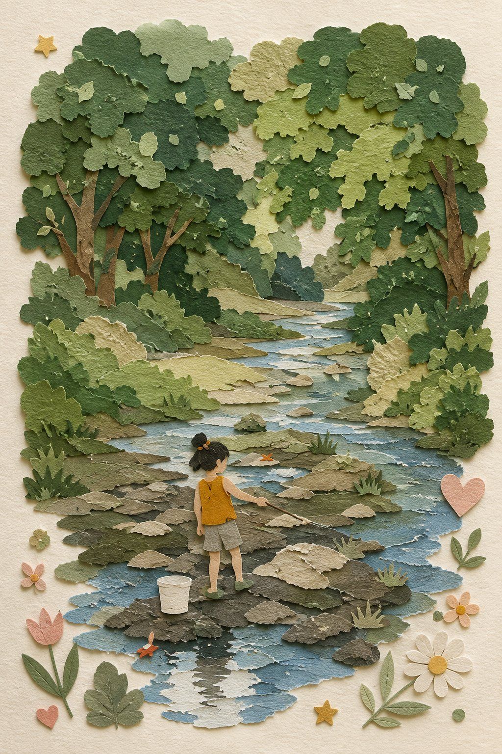 Layered handmade paper collage transforming the forest stream into torn-paper trees, water, rocks and a child