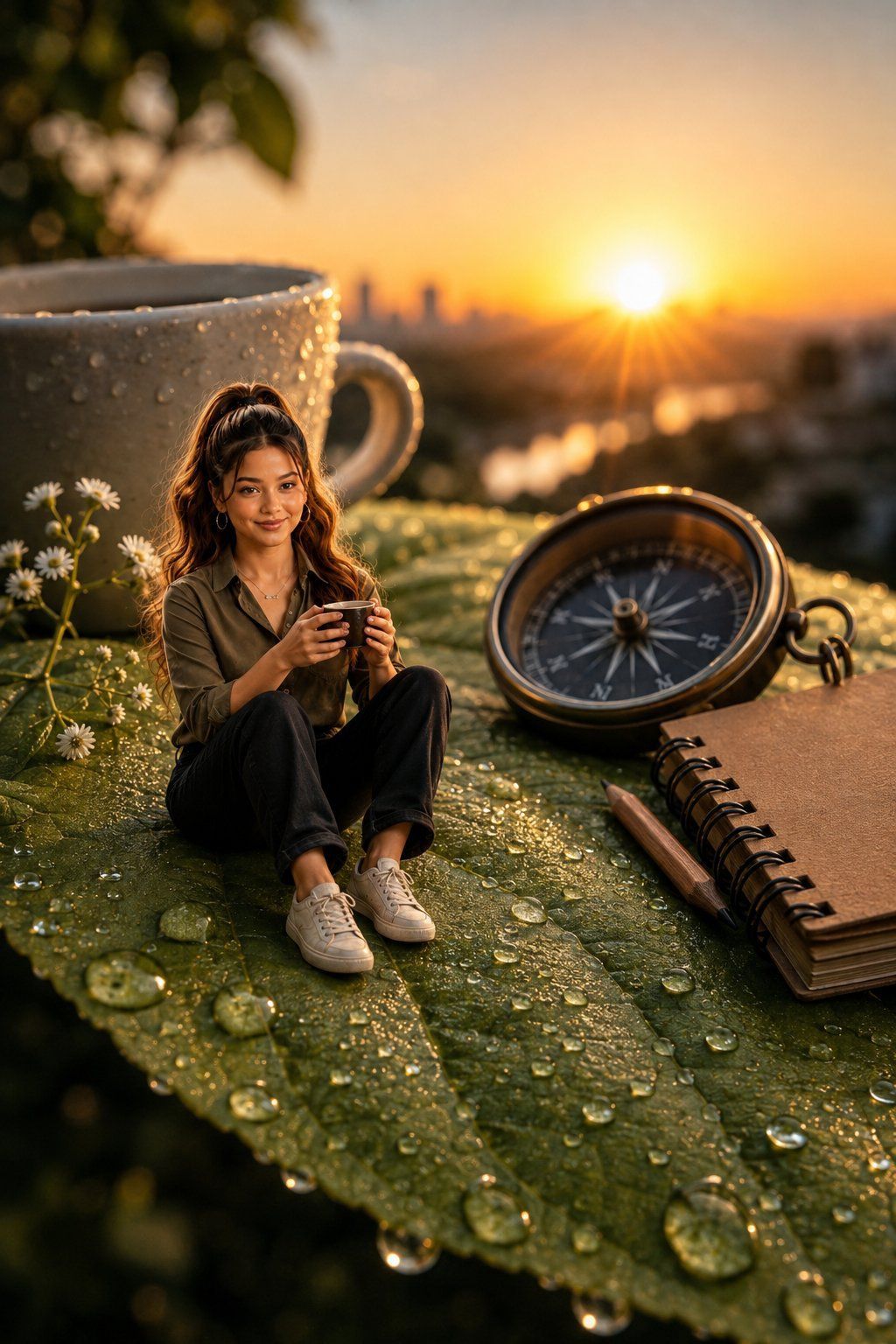 Young woman holding coffee on a dew-covered giant leaf beside a compass and notebook at sunrise