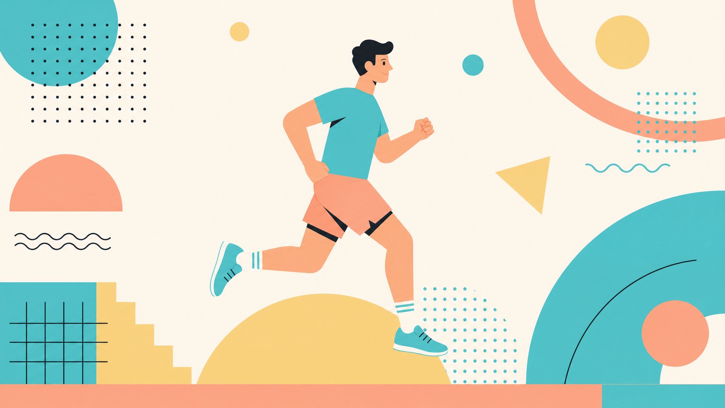 Memphis-style vector illustration of a runner crossing pastel circles, grids, arcs, dots, and stair-step forms