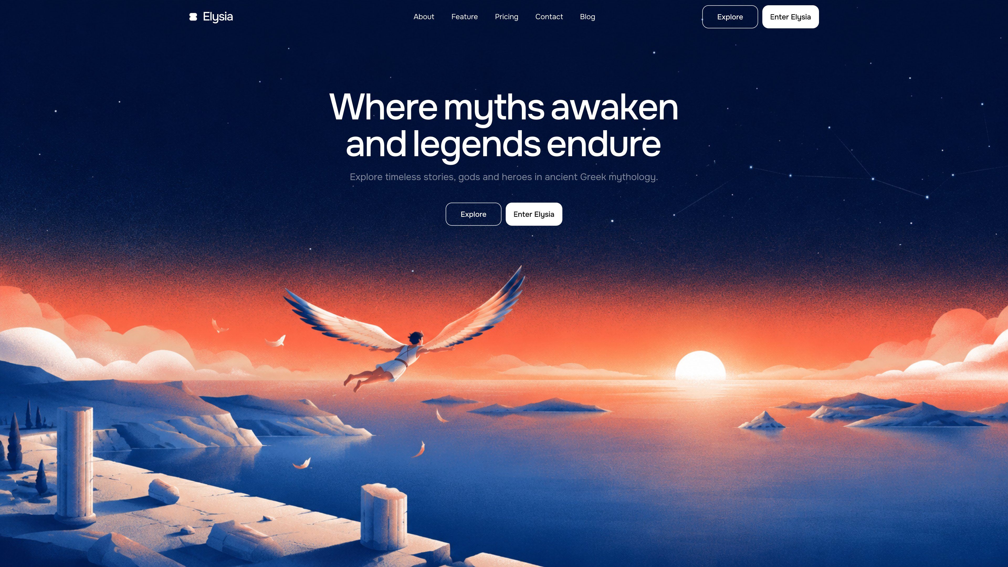 Icarus flying over the Aegean Sea at a coral sunset beneath a spacious midnight-blue sky