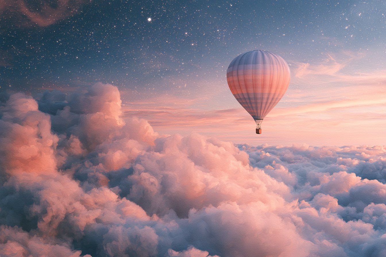 Lone hot air balloon drifting above peach clouds in a periwinkle starry sky