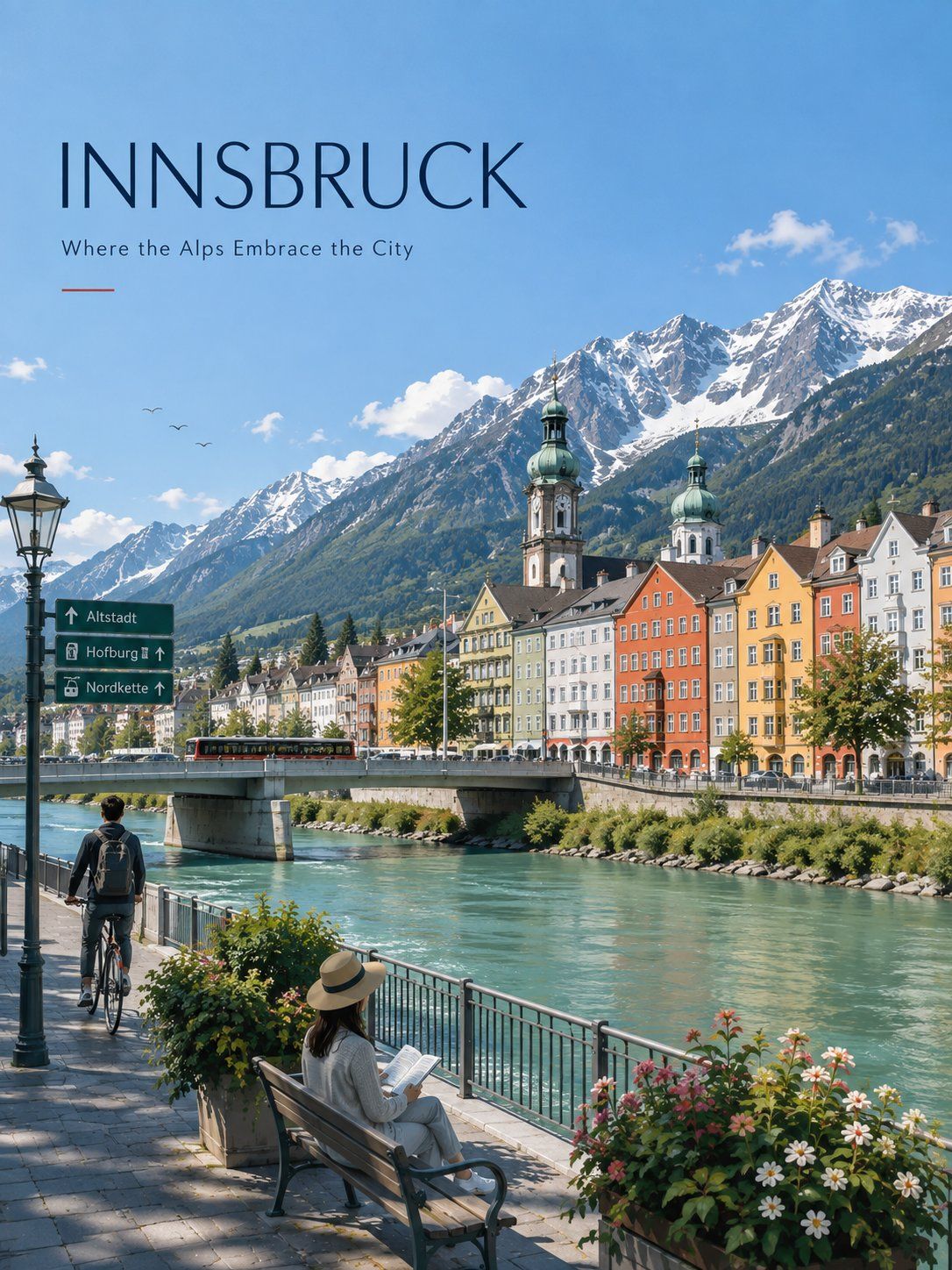 Minimalist Innsbruck travel poster with colorful riverside buildings, Alpine peaks, a tram, a cyclist and a woman reading