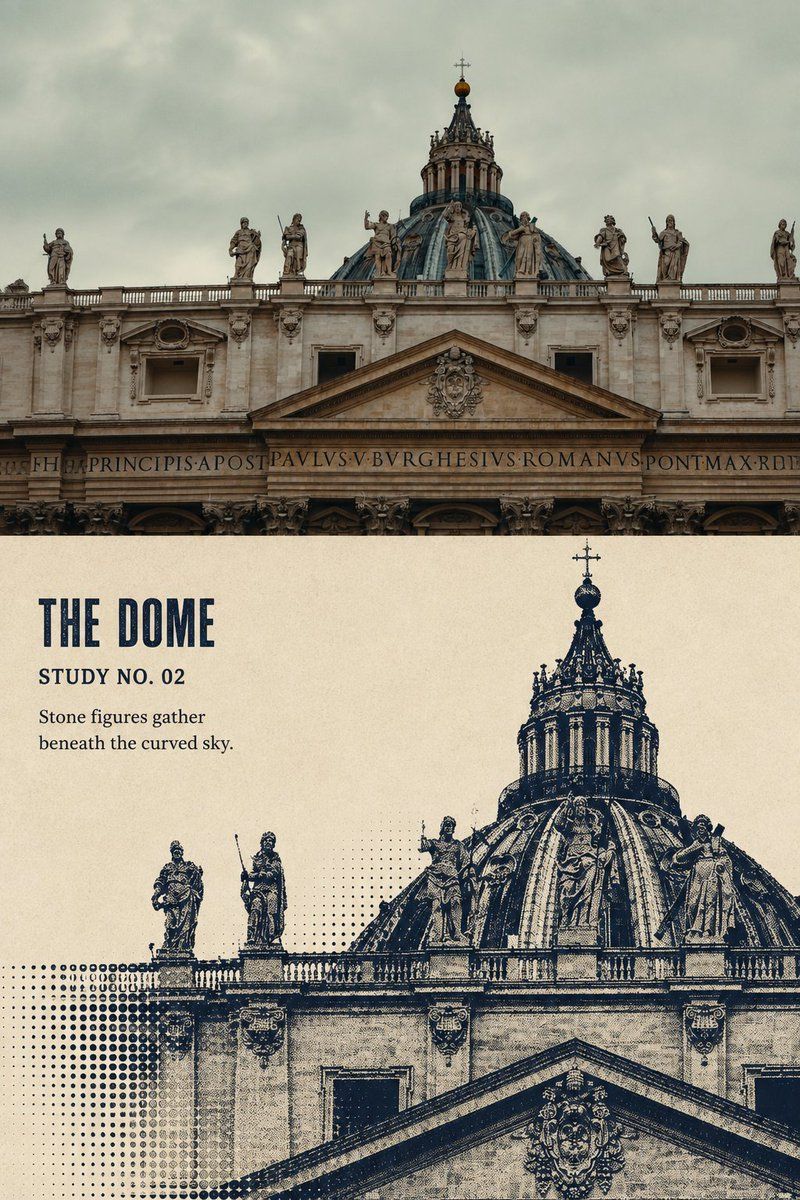 Dome and rooftop statues photographed above a navy silhouette and halftone architectural poster