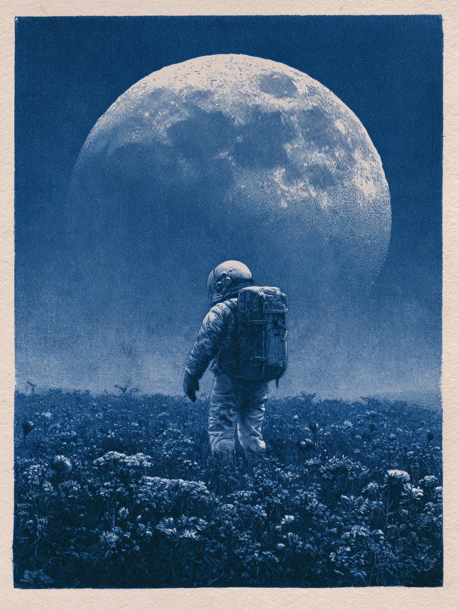 Electric-blue burin engraving of an astronaut in wildflowers beneath an enormous moon