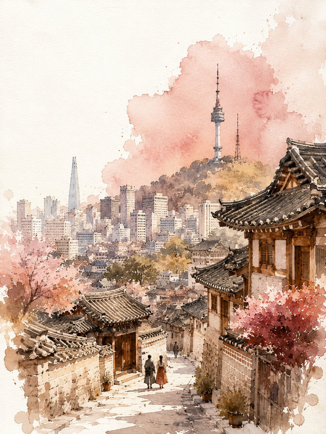Watercolor and ink travel poster of Seoul with Bukchon hanok rooftops, N Seoul Tower, Lotte World Tower, and cherry blossoms