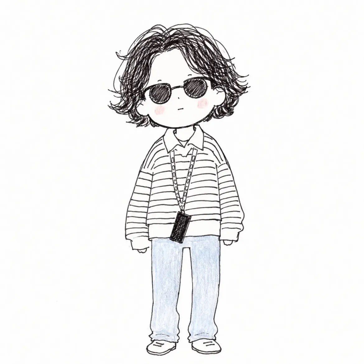 Cute hand-drawn doodle character wearing sunglasses, a striped shirt, pale jeans, and a lanyard