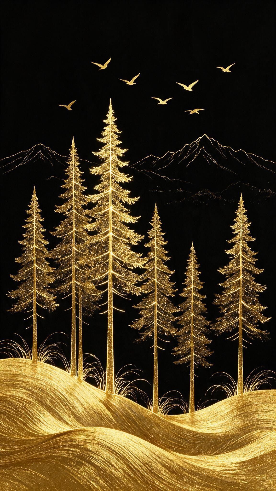 Shimmering gold pine trees with outlined mountains, birds and luminous rolling hills on black