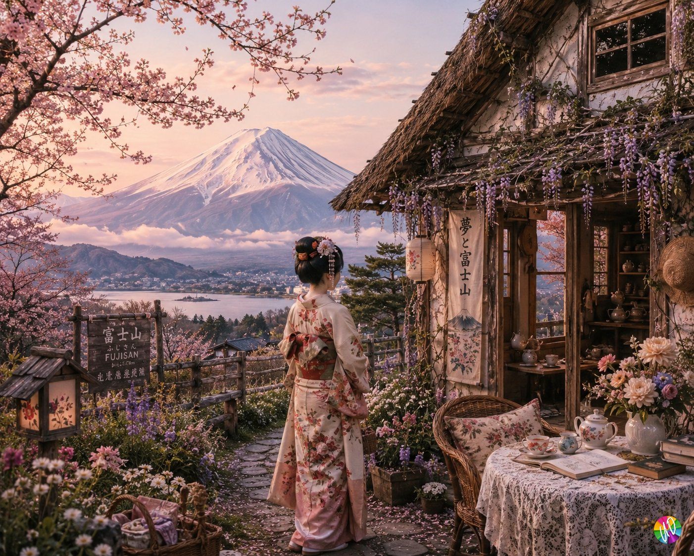 Geisha beside a flower-covered cottage overlooking Mount Fuji at sunset