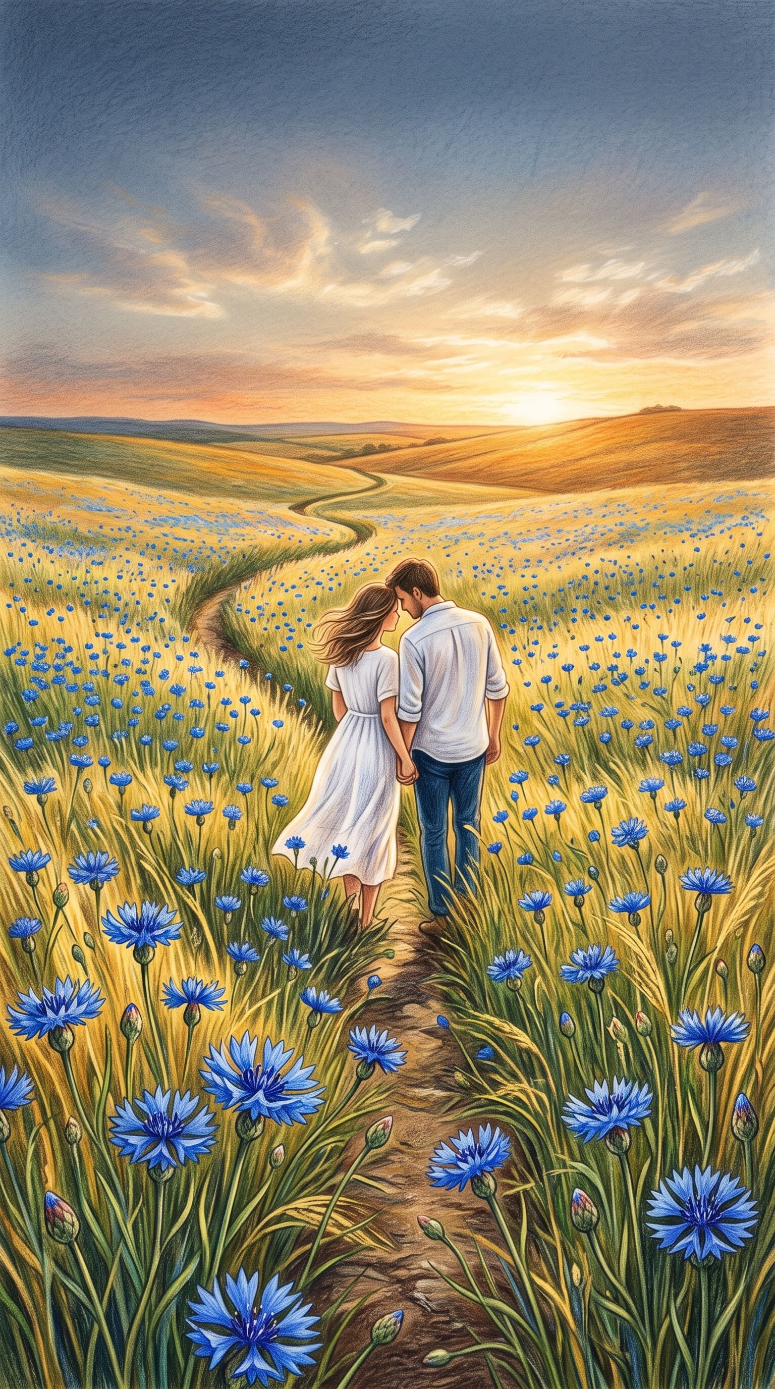 Romantic couple holding hands on a winding path through blue cornflowers at golden sunset
