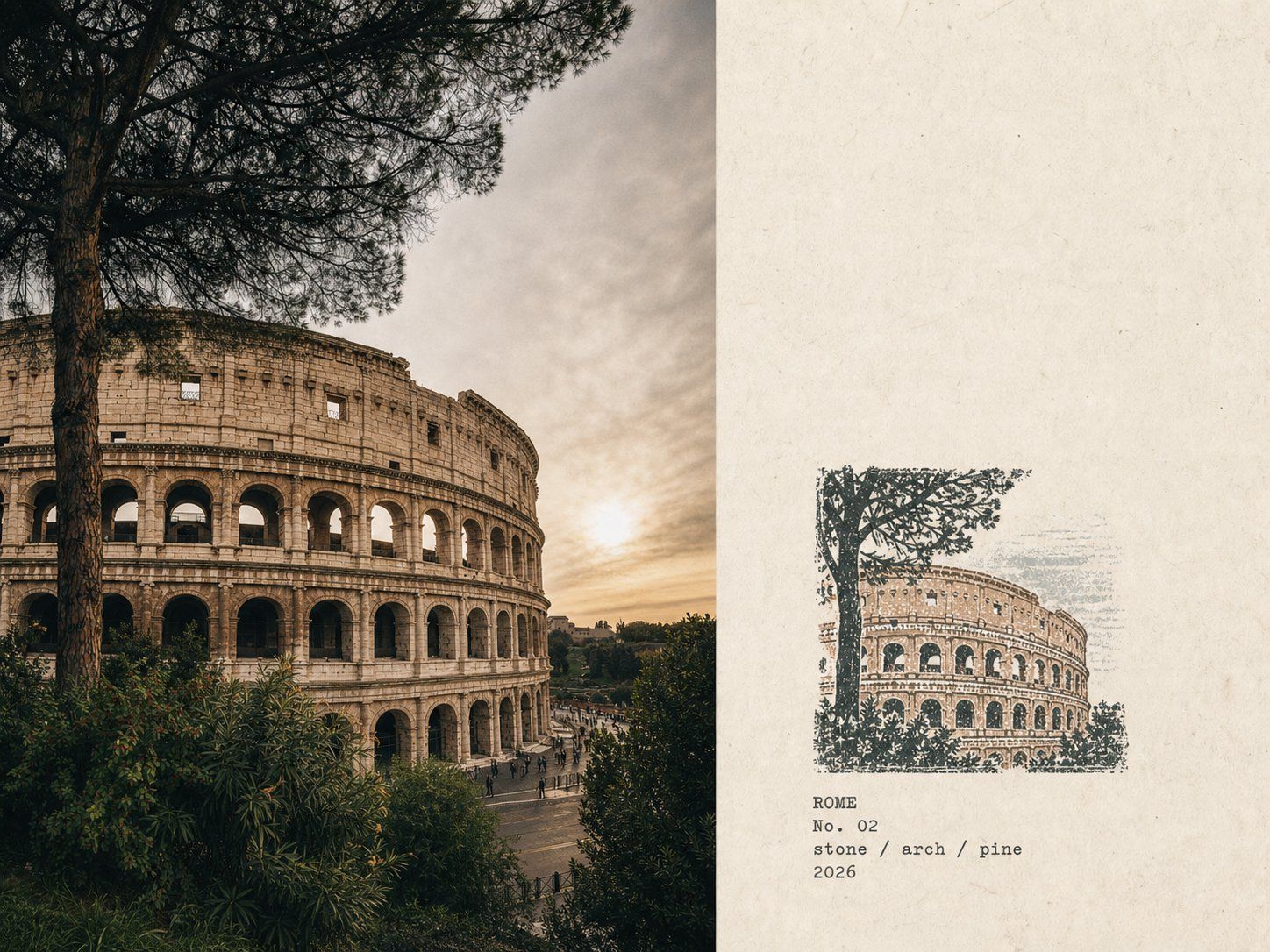 Rome travel field-notes poster pairing a Colosseum photograph with a hand-stamped architectural impression and typewriter notes
