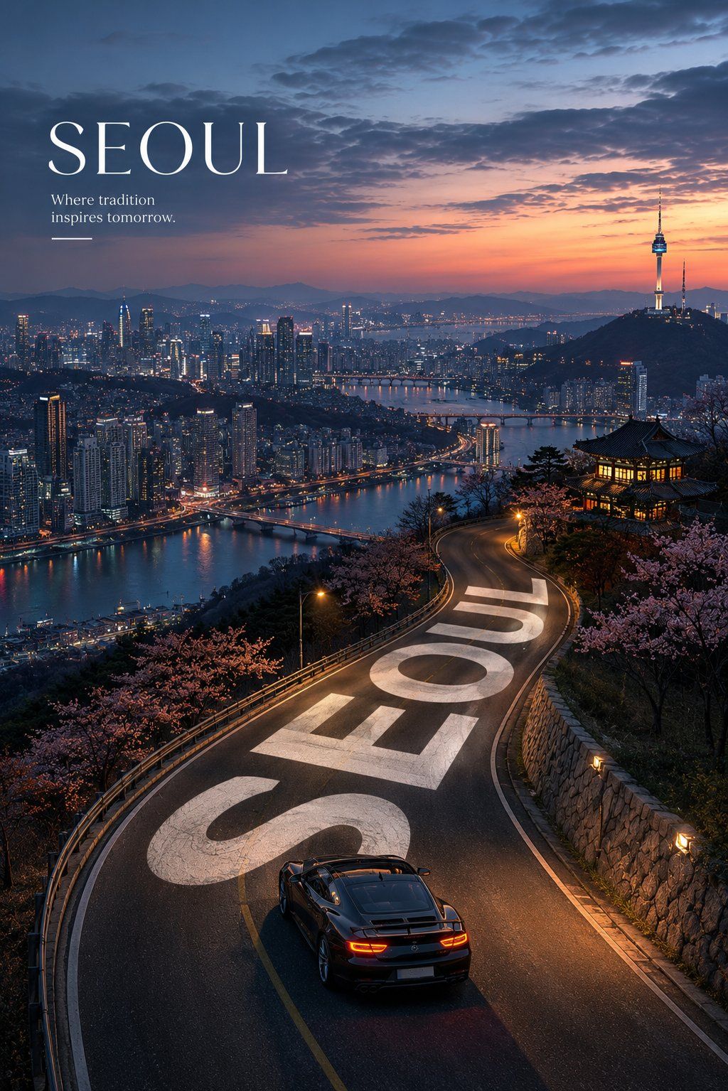 Seoul tourism poster with Namsan Tower, cherry blossoms, car, and sweeping road typography