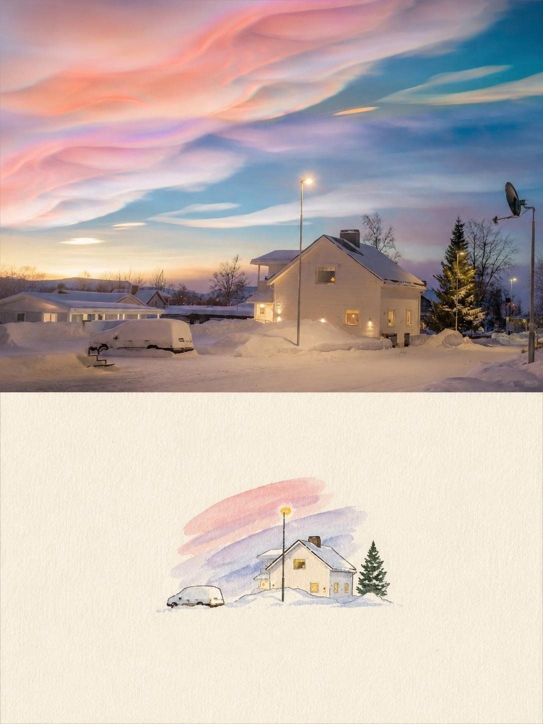 Snow-covered house at a pink winter sunset paired with a small pastel watercolor illustration