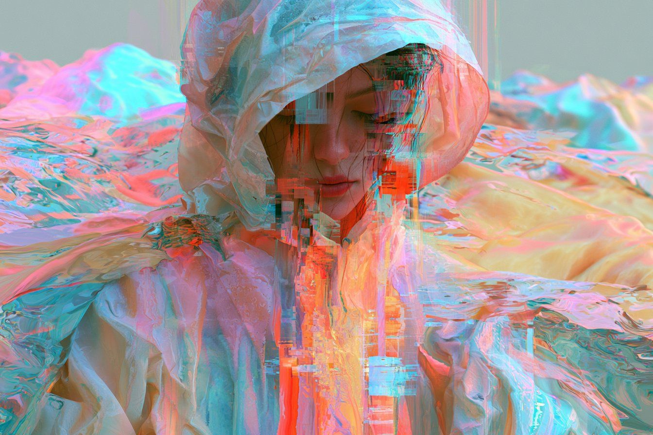 Girl in a translucent raincoat amid cotton-candy cyber waves and pixel glitches