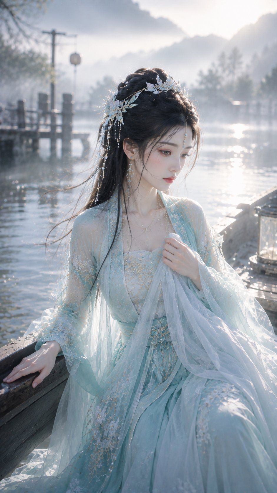 Close portrait of a contemplative xianxia woman in pale aqua robes on a boat at dawn