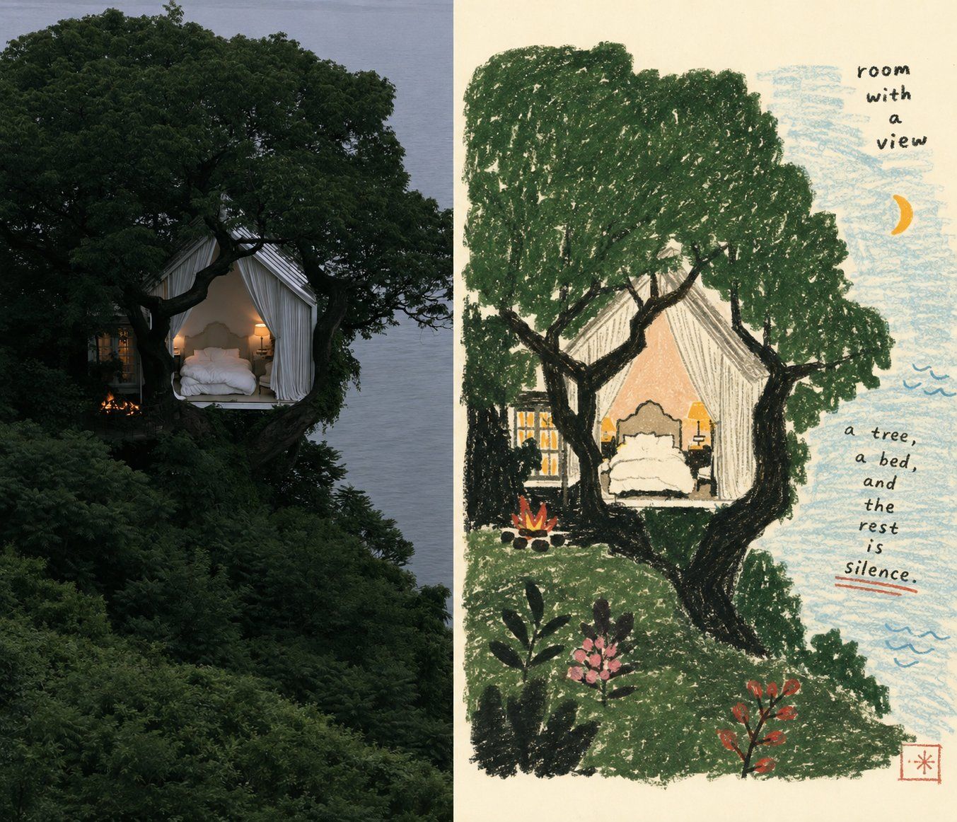 Treehouse bedroom photograph paired with a textured naive folk illustration