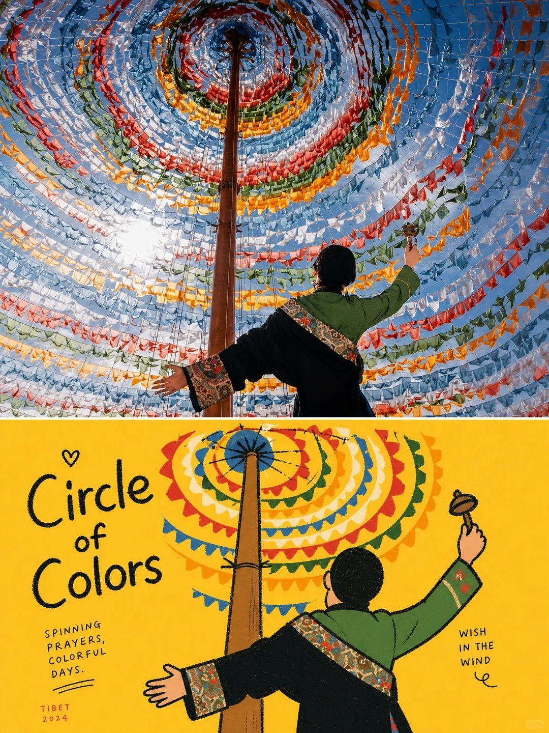 Person beneath colorful Tibetan prayer flags paired with a Korean-style flat illustration