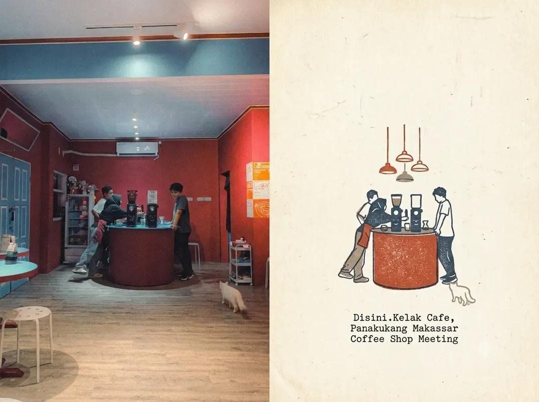 Makassar cafe interior photograph paired with a minimalist screen-print illustration