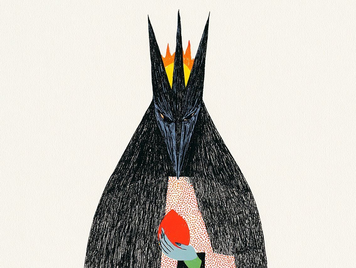 Dark crowned fantasy figure holding a red flame in a sparse colored-pencil illustration