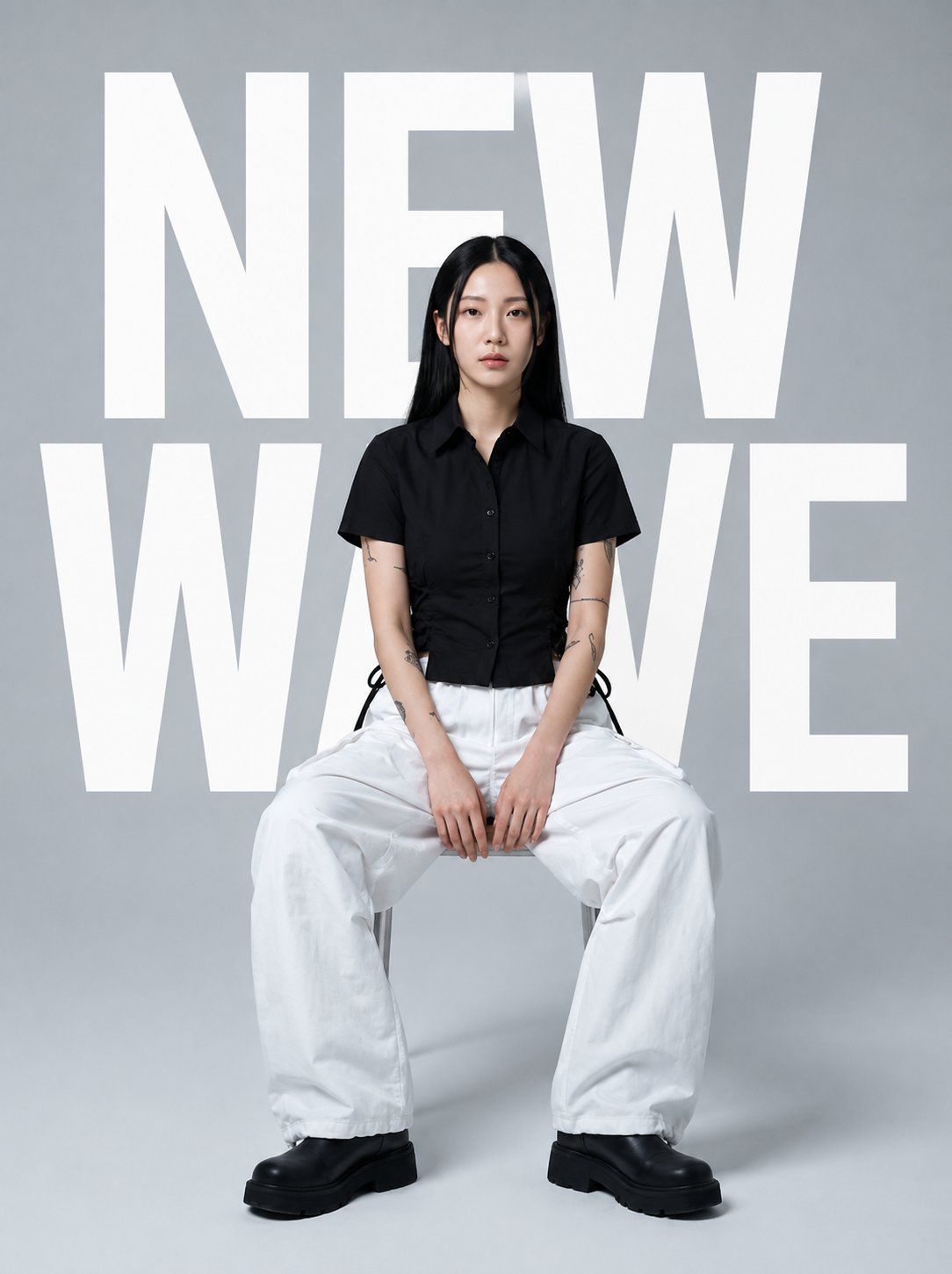 Fashion editorial poster with a seated woman in black and white clothing against oversized NEW WAVE typography