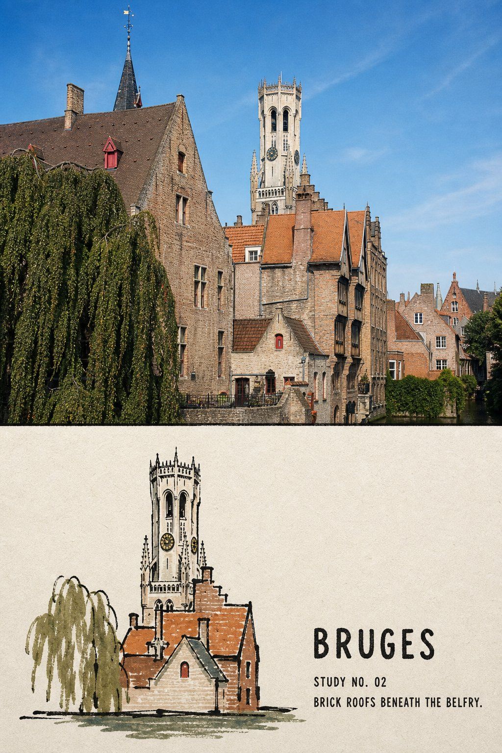 Travel poster pairing a Bruges belfry photograph with a folk ink-line colored landmark miniature