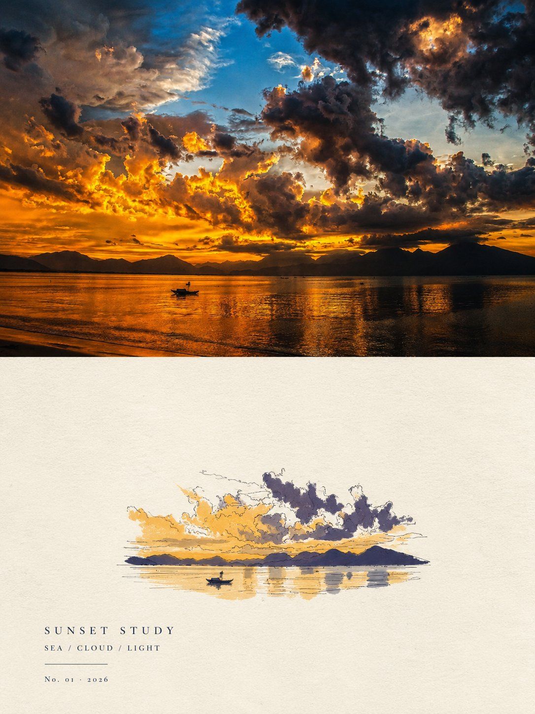 Split poster pairing a vivid sunset seascape photograph with a minimal acrylic-style sunset illustration on textured white paper