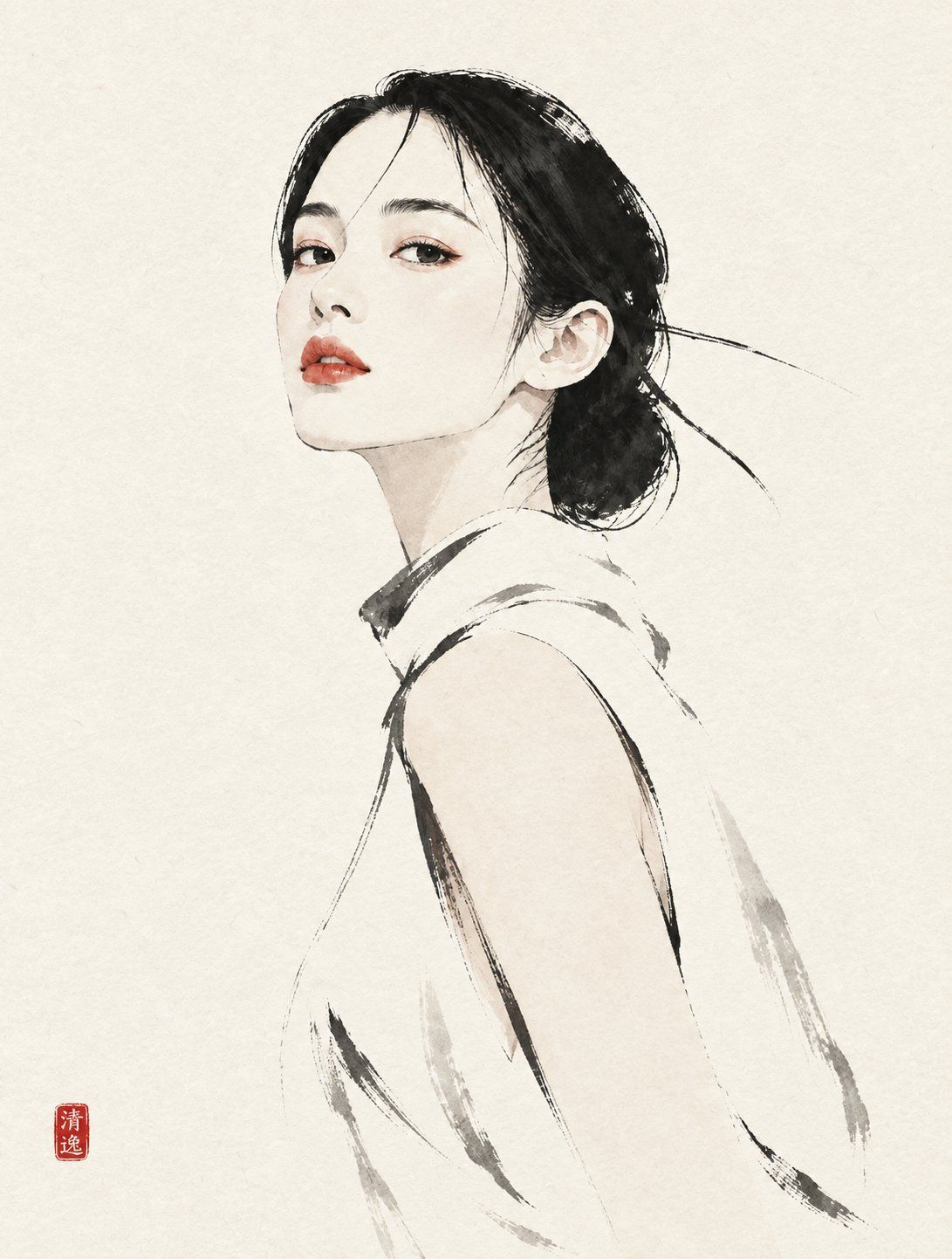 Minimal ink portrait of a woman looking over her shoulder, with red lips, sparse garment strokes, and a small vermilion seal