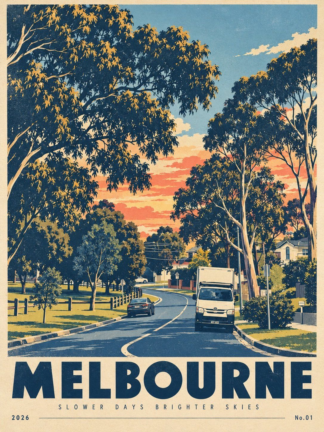 Vintage Melbourne travel poster with tree silhouettes, a curving road and a truck in navy, cream and golden yellow