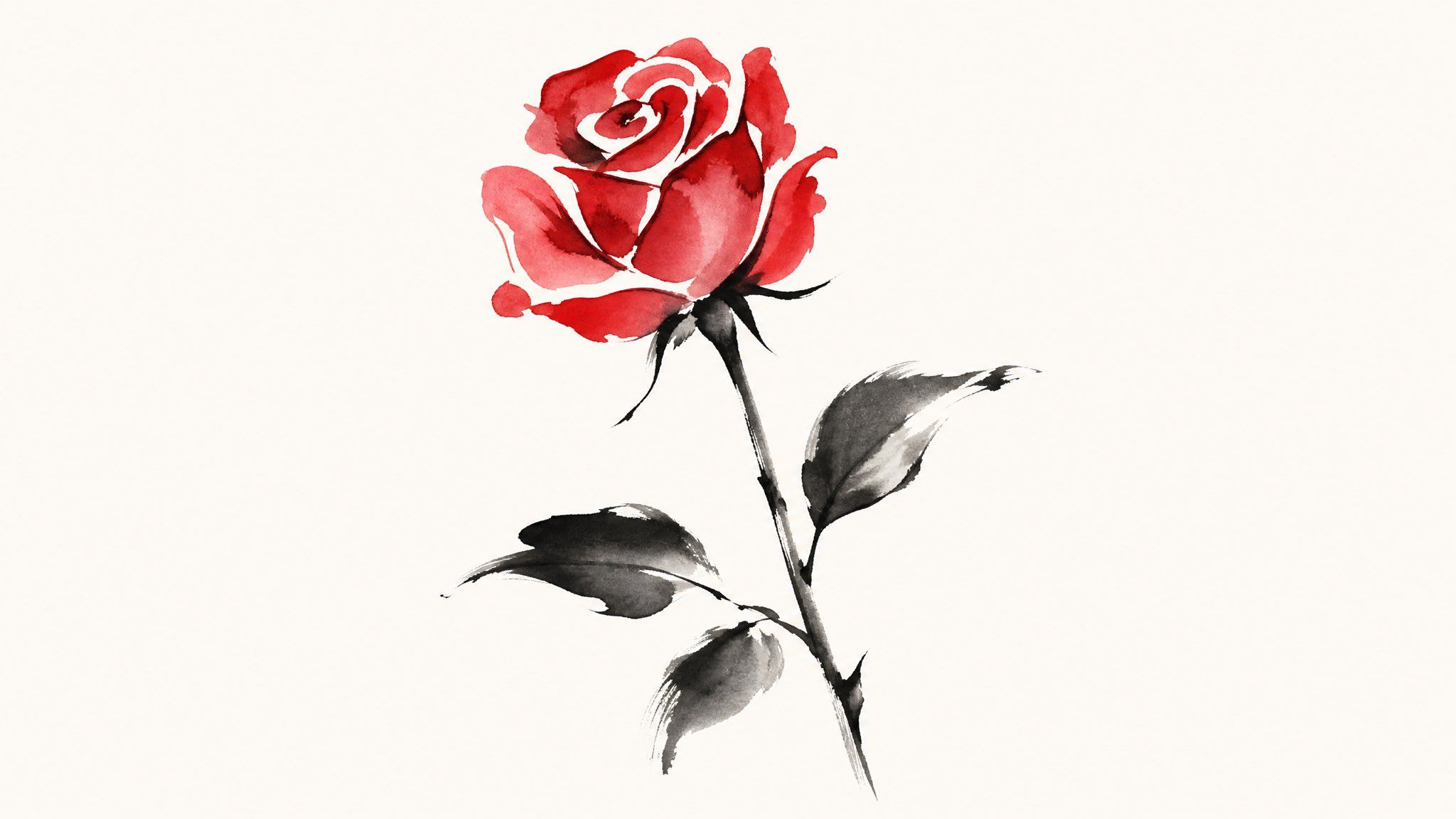 Single red rose with black-ink stem and leaves painted in expressive sumi-e brushstrokes
