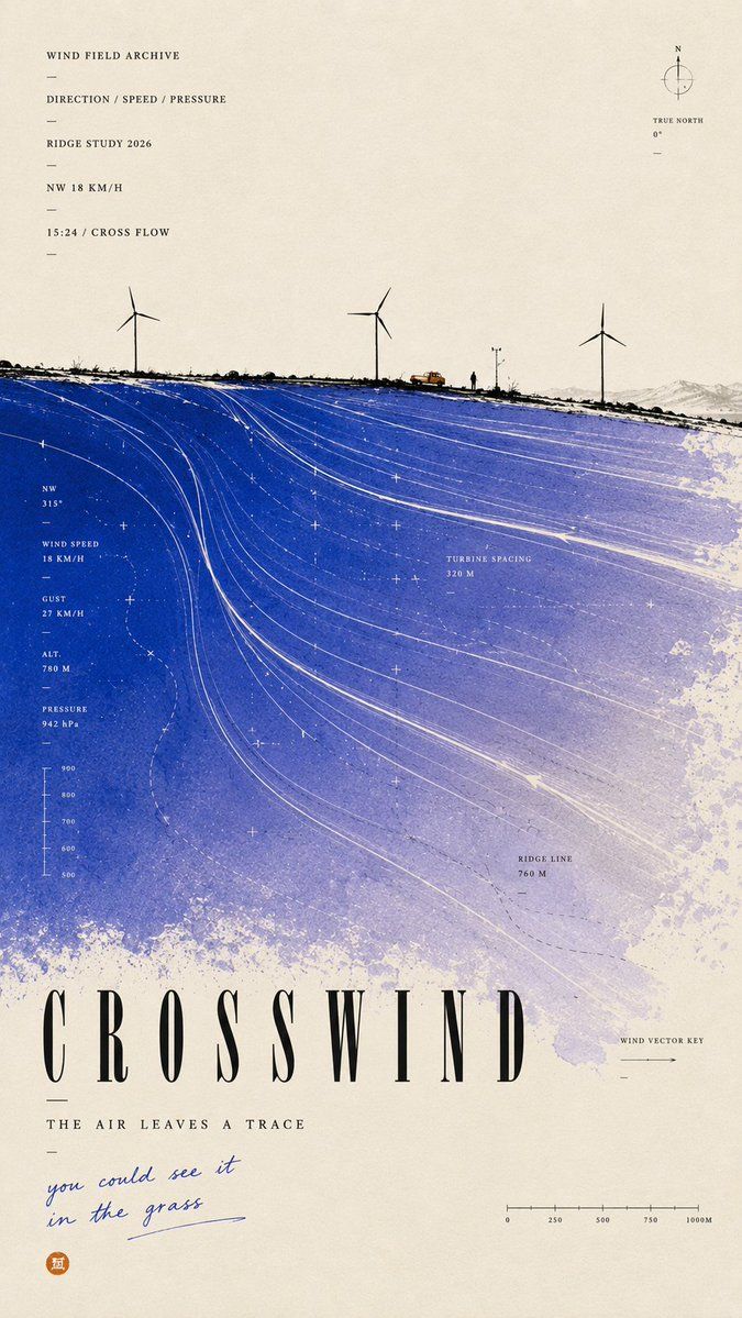 Minimalist CROSSWIND editorial poster with tiny wind turbines above a sweeping blue-violet textured color field