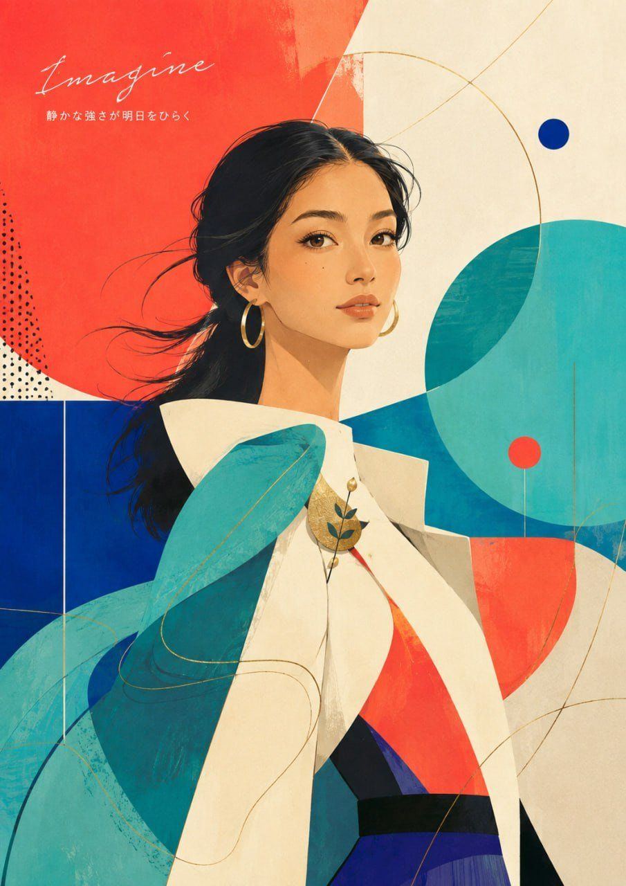 Close editorial portrait of a woman framed by coral, turquoise, cobalt, and cream geometric shapes