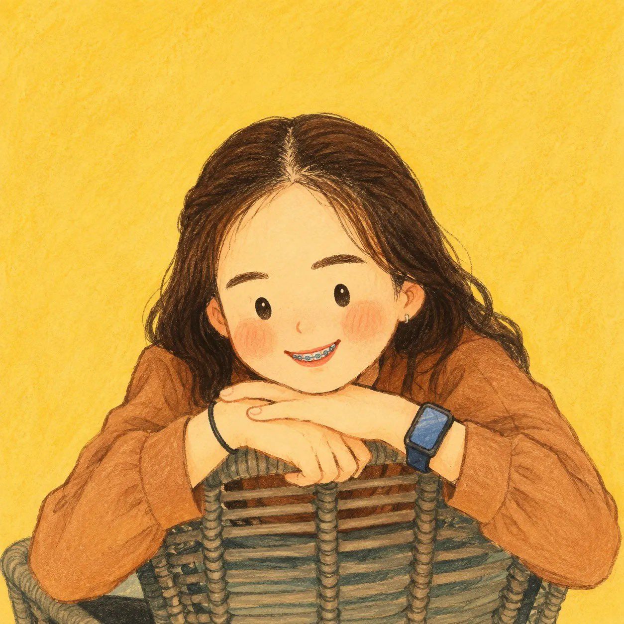 Hand-drawn children’s storybook portrait of a smiling dark-haired girl with braces and a smartwatch leaning on a wicker chair