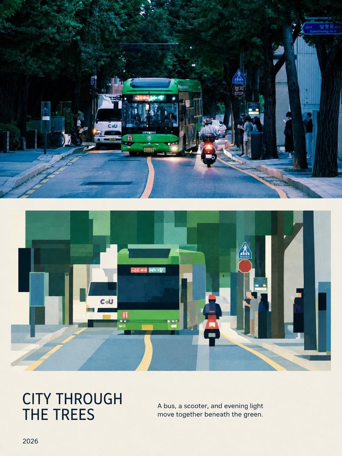 Editorial city poster pairing a tree-lined bus street photograph with its green geometric block-art reinterpretation