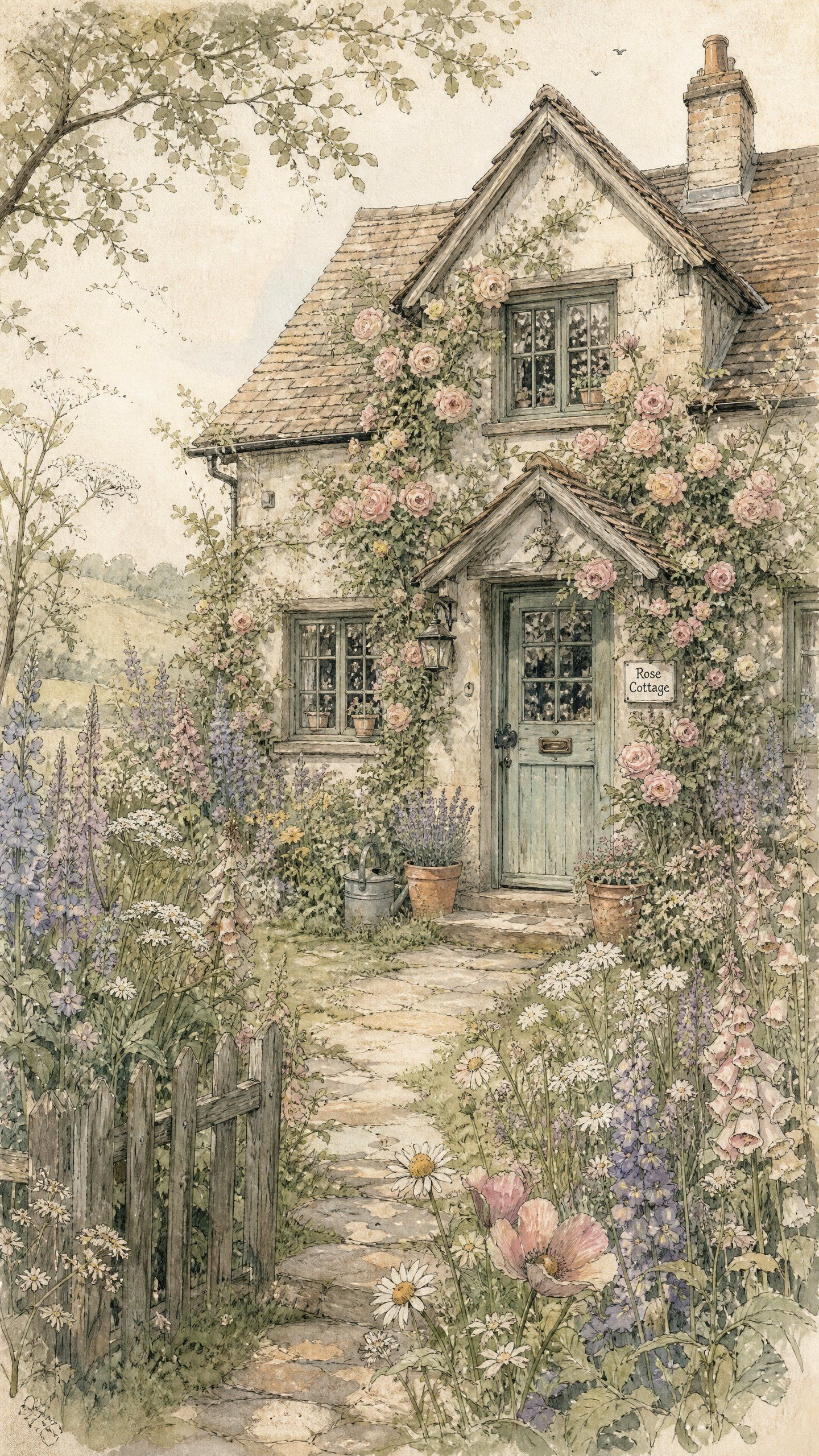 Rose-covered cottage surrounded by a soft pastel wildflower garden