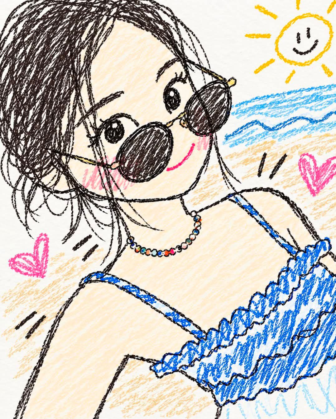 Cute hand-drawn beach doodle portrait of a woman in sunglasses with pink hearts and a yellow sun