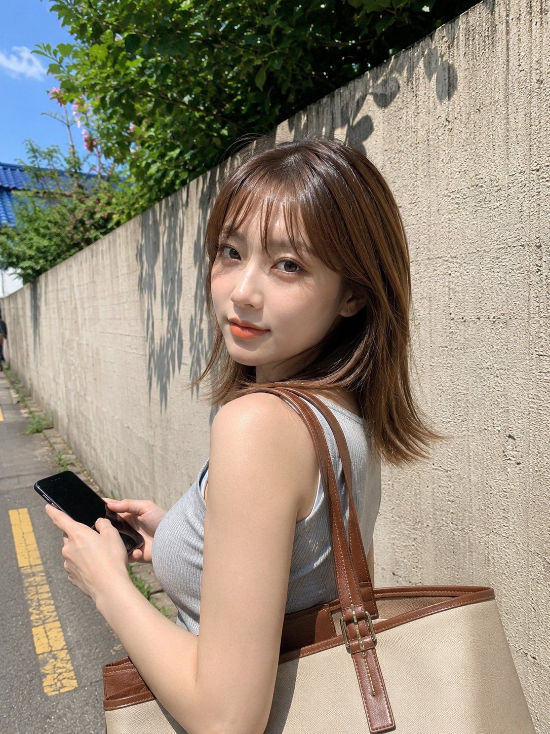 Close street-style portrait of a young East Asian woman looking over her shoulder in bright sunlight