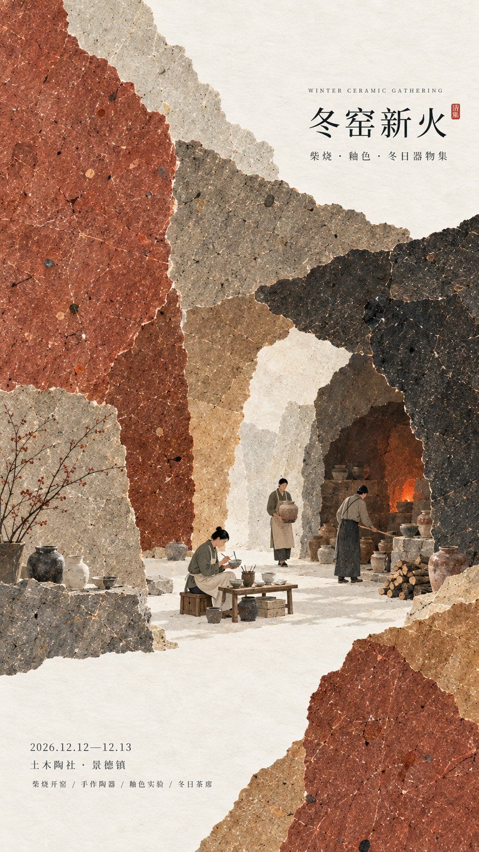 Terracotta and charcoal paper kiln poster with miniature potters and a warm orange fire