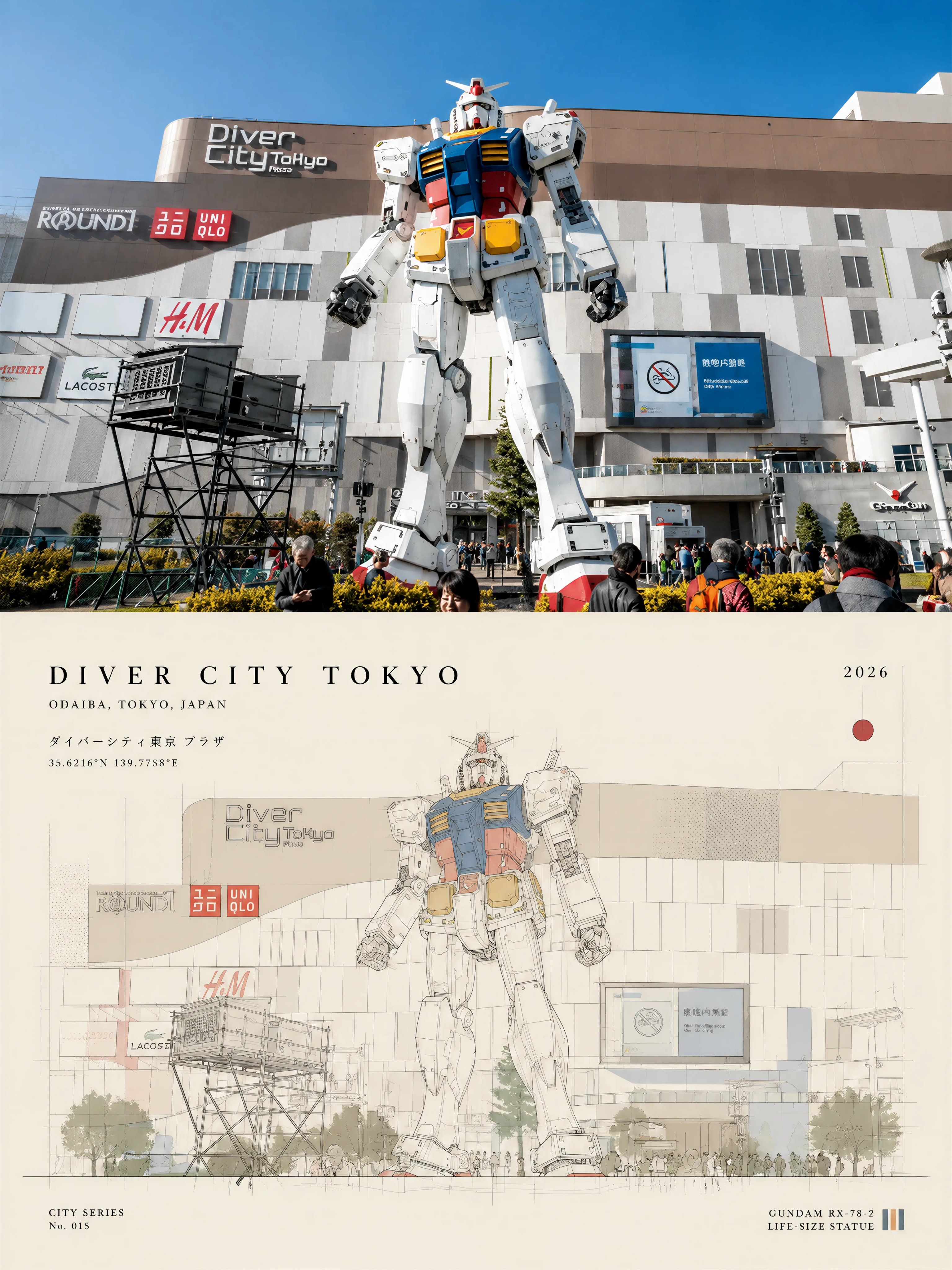 DiverCity Tokyo poster pairing a photograph of the RX-78-2 Gundam statue with a technical line-art interpretation