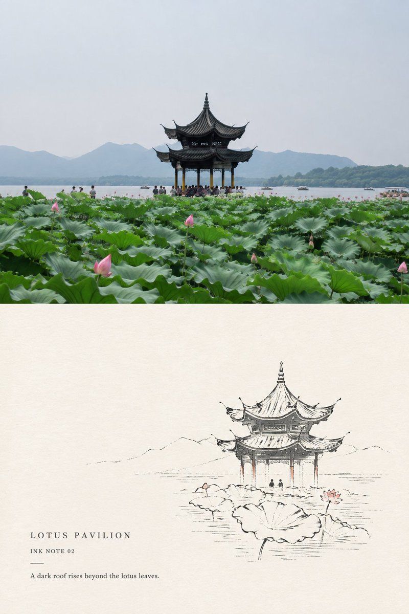 Lotus pond and pavilion photograph paired with a delicate ink-line landscape note