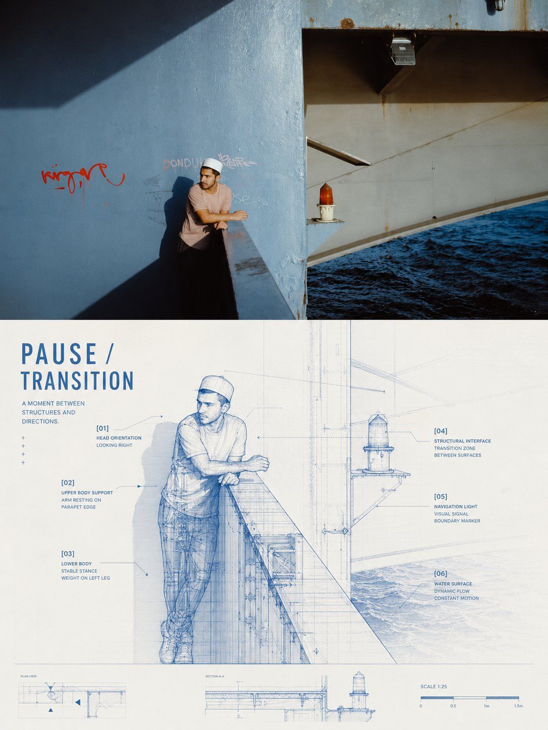 Split editorial poster pairing a sailor leaning on a ship with a blue perspective blueprint of his pose and the vessel