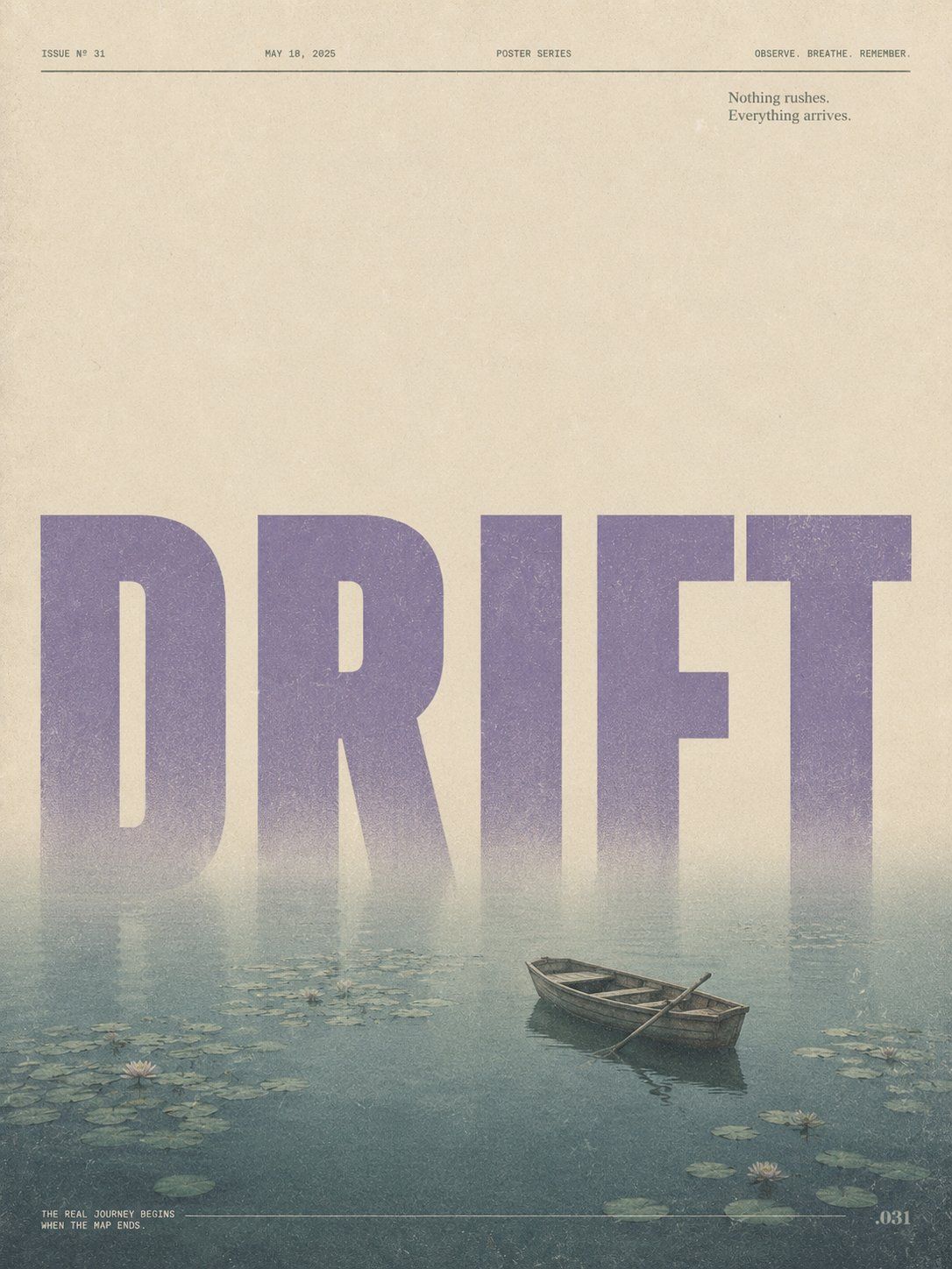 Conceptual retro DRIFT poster with monumental lavender typography dissolving into a misty lily pond