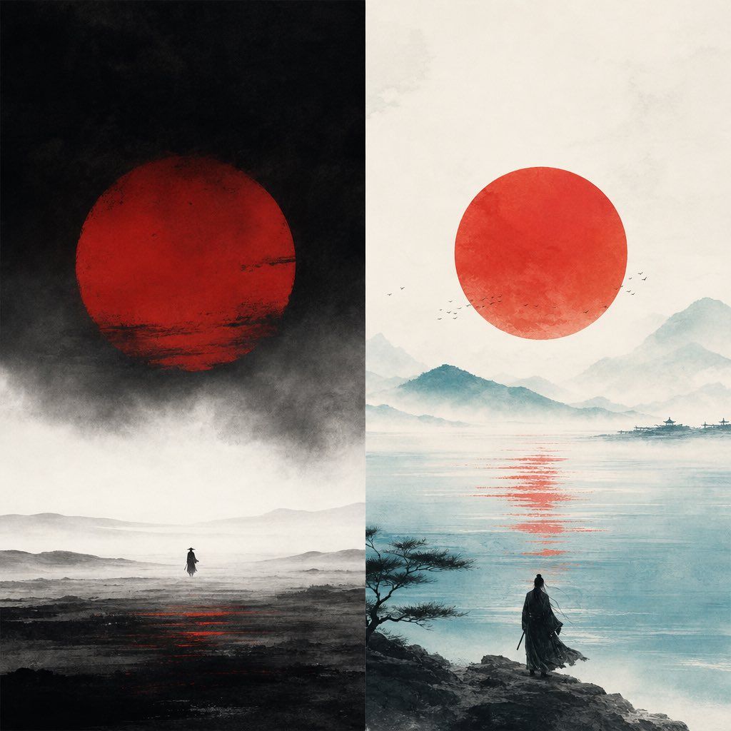 Diptych of minimalist East Asian ink landscapes with large red suns above misty mountains and lone figures