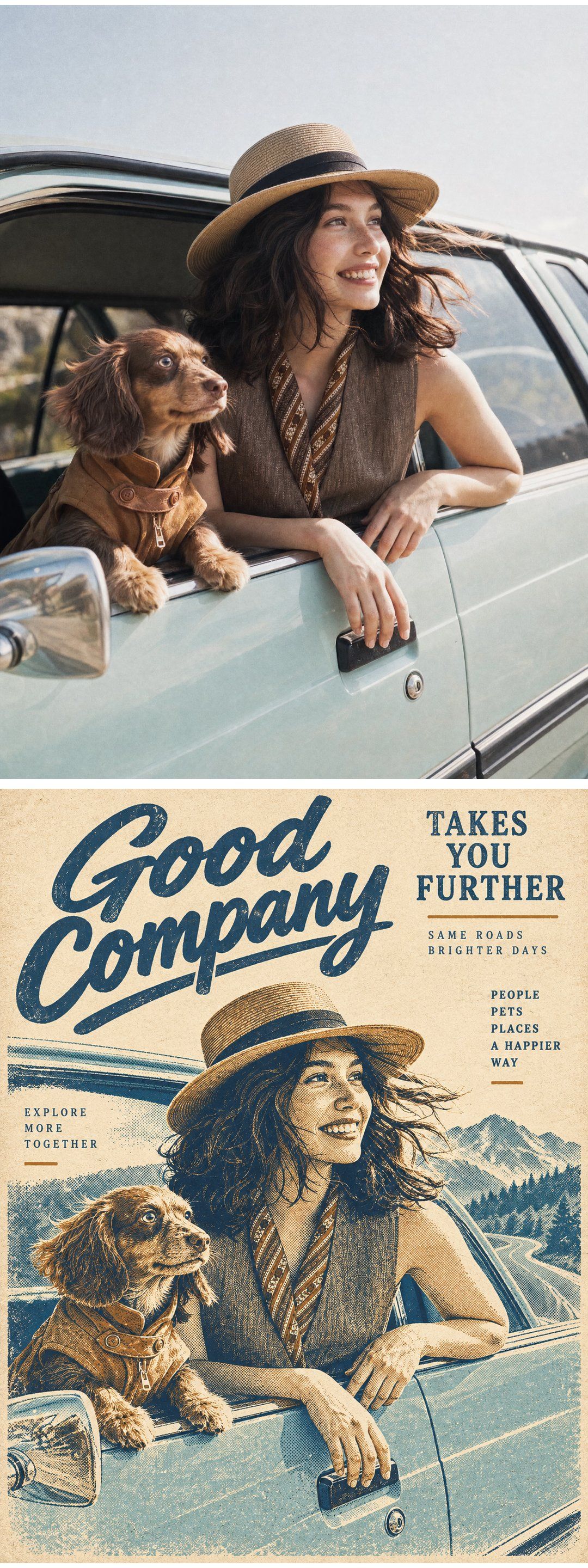 Woman and dog leaning out of a car above a blue and cream Good Company vintage cover