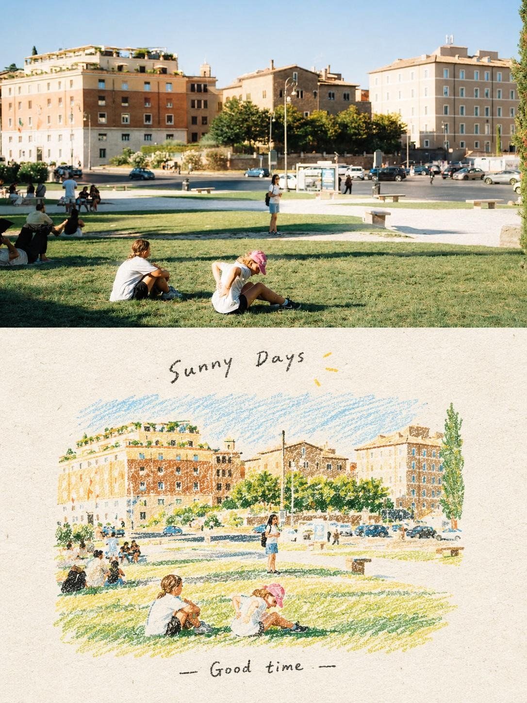 People relaxing on a sunny city lawn, paired with a hand-drawn travel journal illustration titled Sunny Days