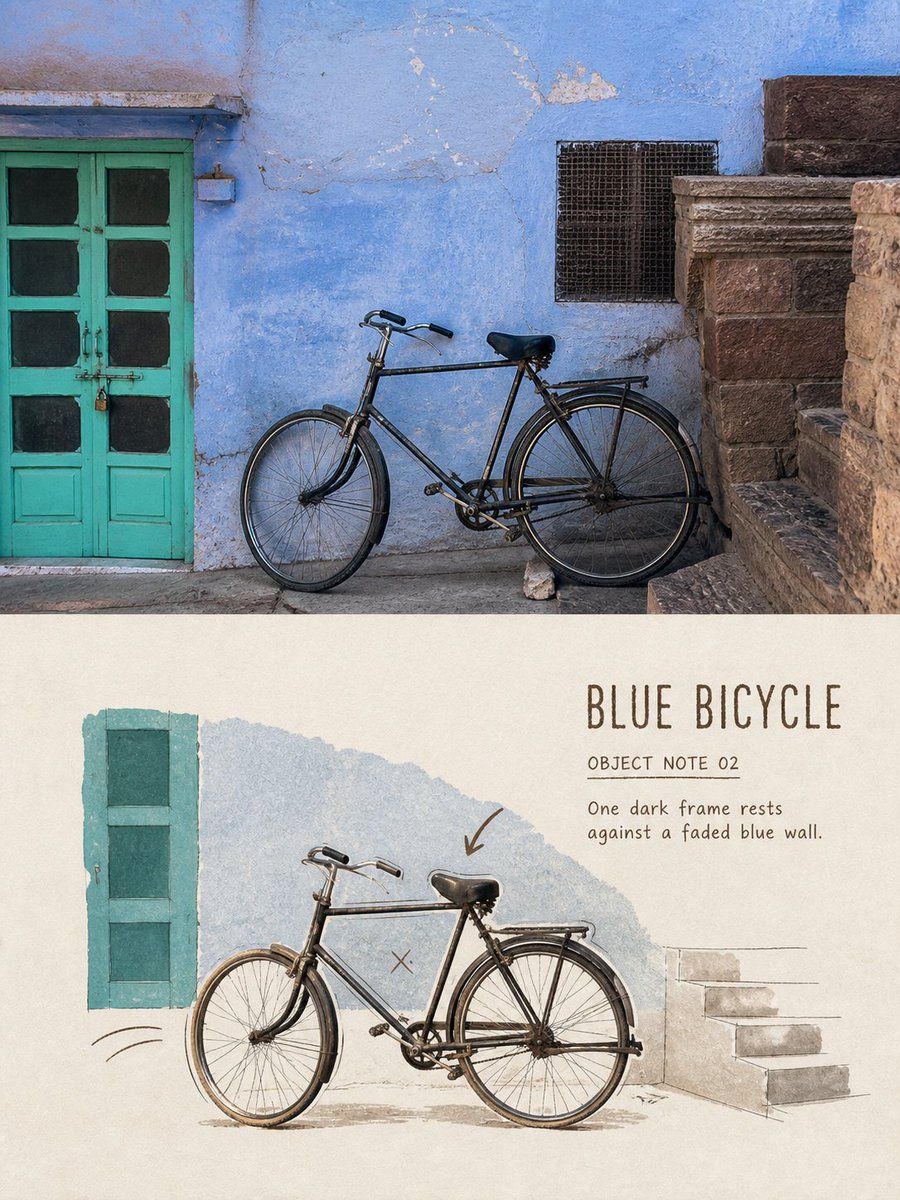 Split travel-object poster pairing a bicycle against a faded blue wall with a matte paper-and-photo reinterpretation