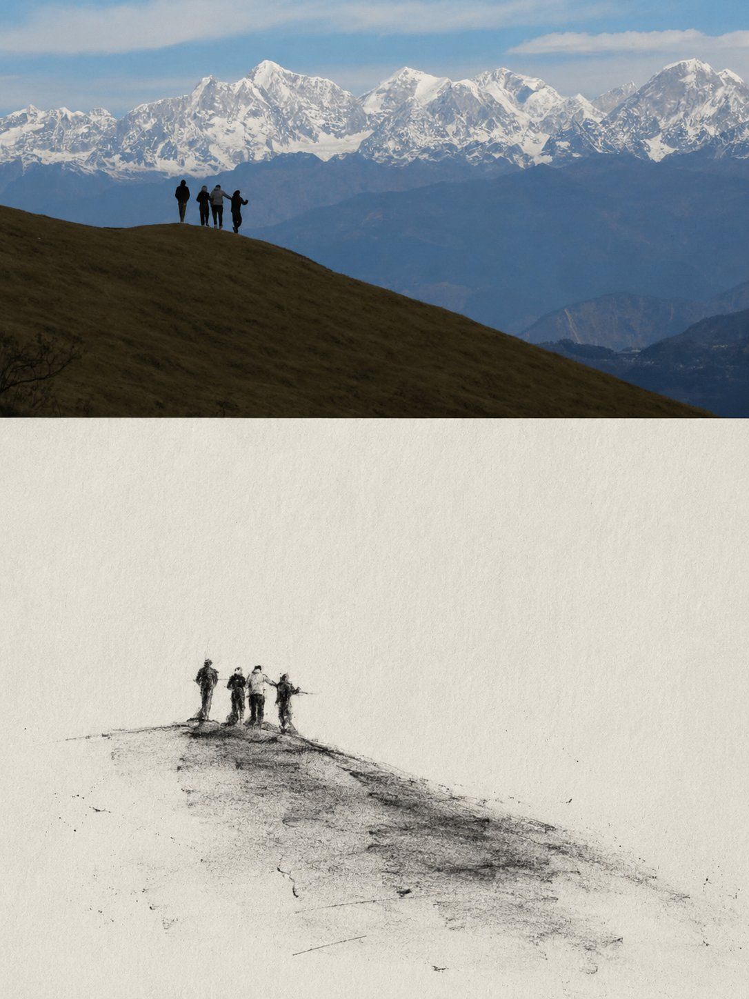 Travel poster pairing hikers on a ridge before snowy mountains with a sparse vanishing charcoal sketch of the group