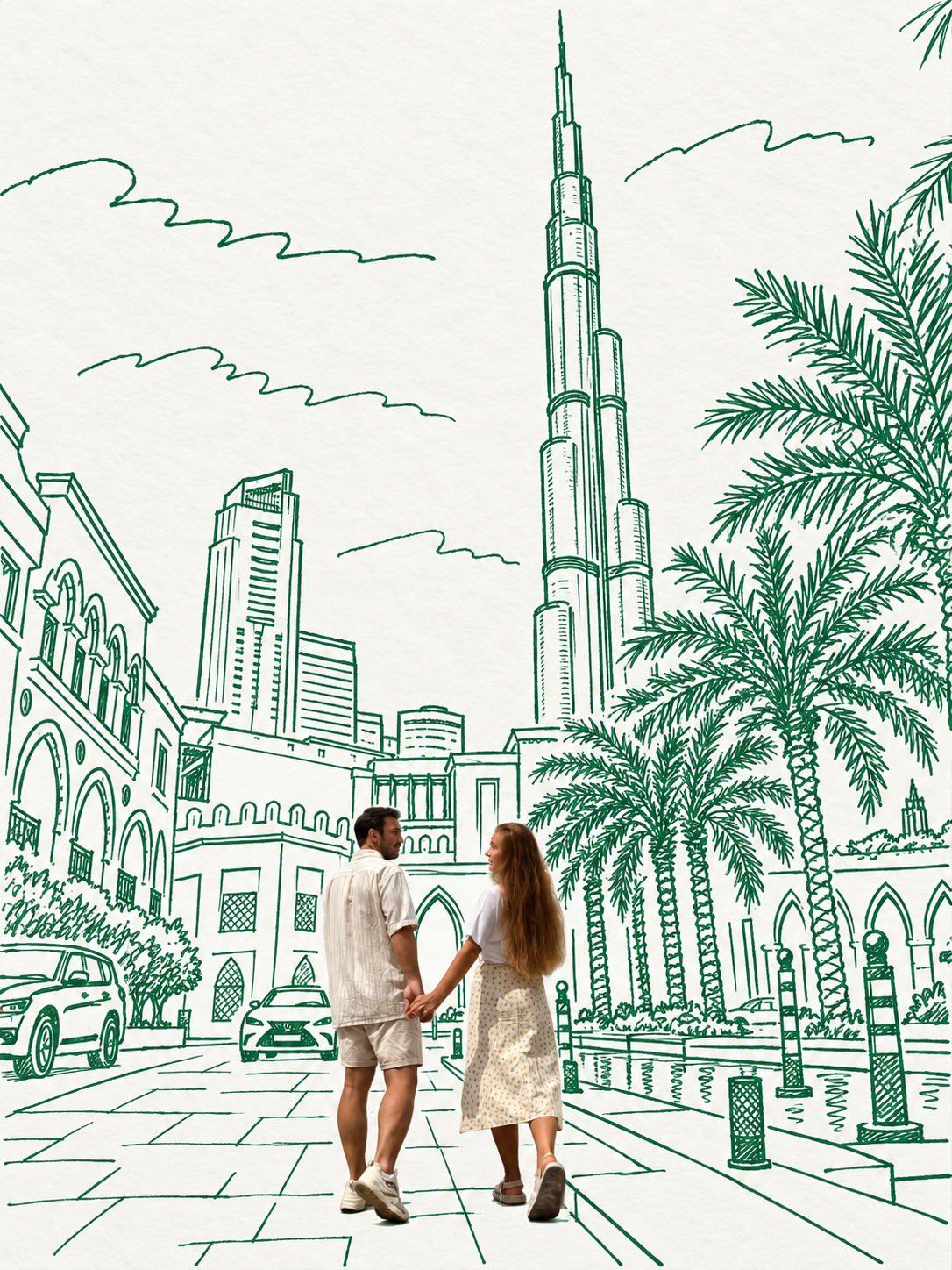 Photoreal couple holding hands in a Dubai streetscape rendered as green line art with palms and the Burj Khalifa