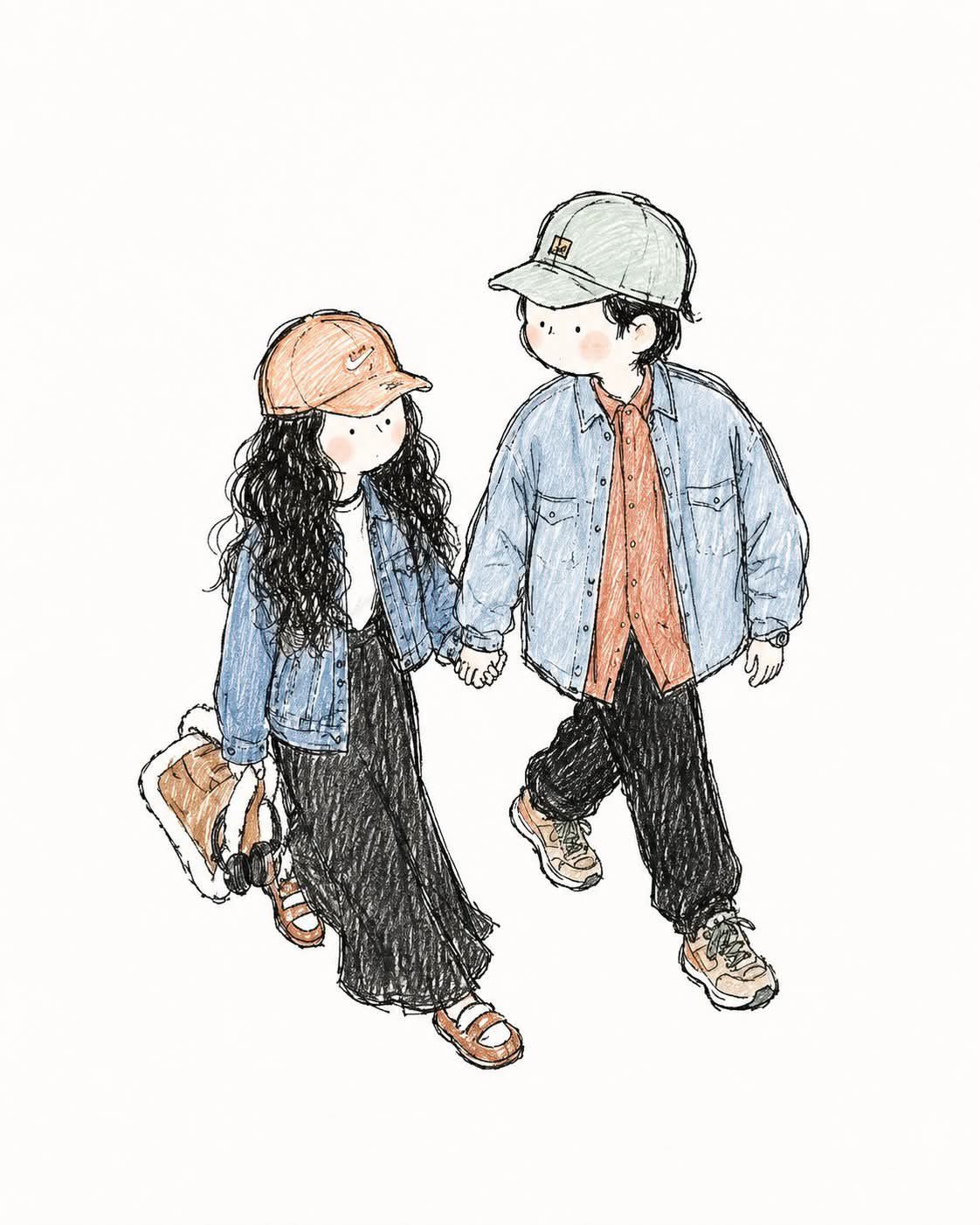 Whimsical colored-pencil storybook illustration of a casually dressed couple holding hands while walking