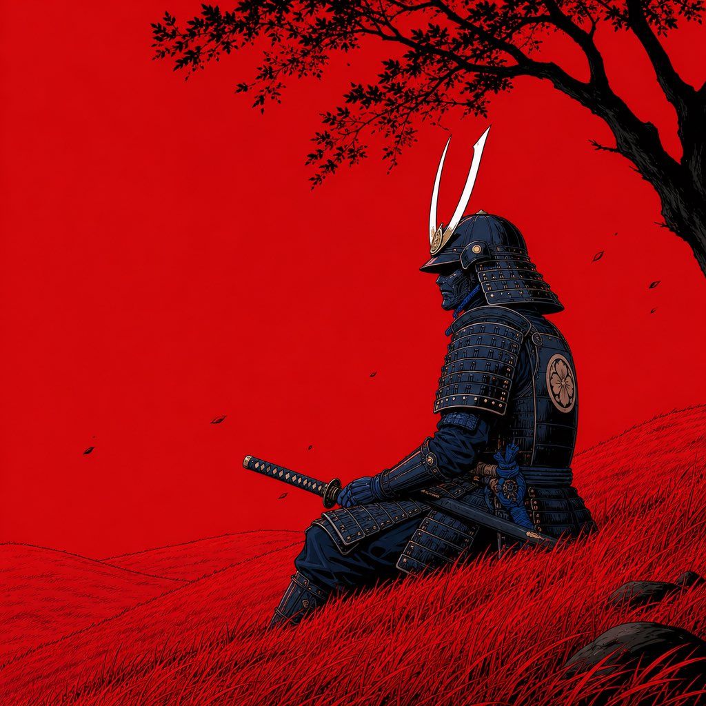 Japanese samurai in dark blue armor and a white-horned kabuto seated beneath a black tree on vivid red grass