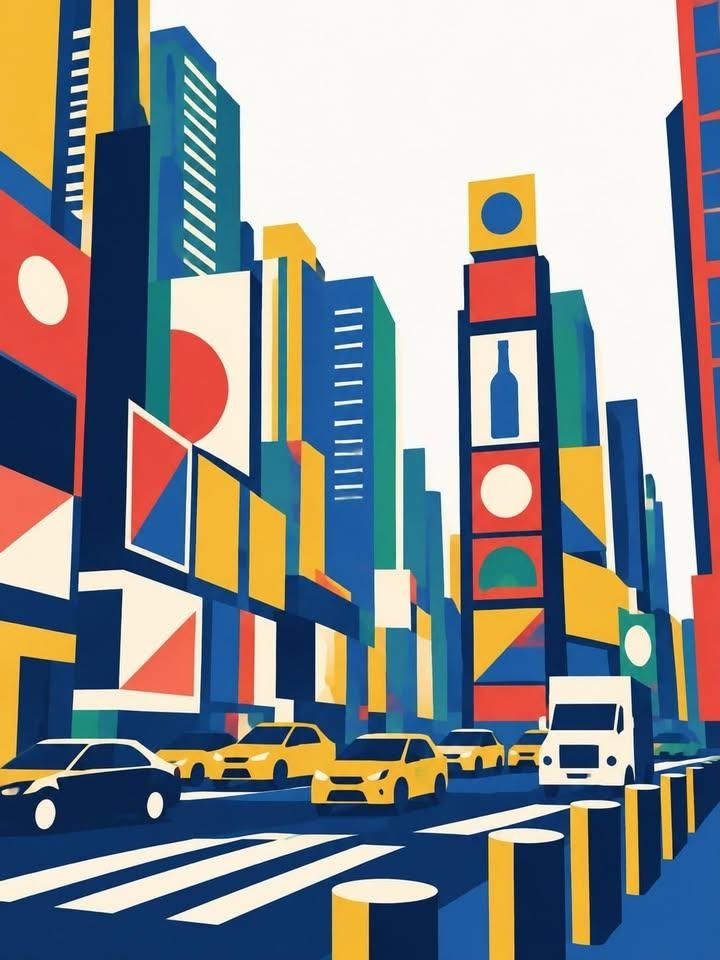 Retro geometric city avenue with tall buildings, colorful billboards, yellow taxis, and a striped crosswalk